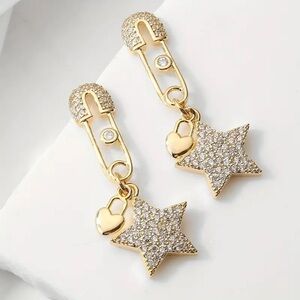 18K Gold Safety Pin Diamond Inlay W/ Hang Stars & Hearts Earrings Punk Gothic